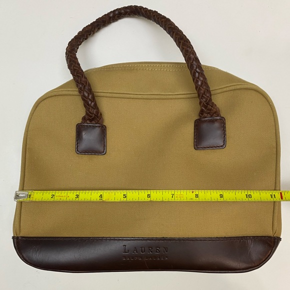 Lauren by Ralph Lauren Tan Canvas Hand Bag Purse Braided Leather Straps & Bottom - Picture 7 of 16